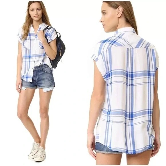 Rails Tops - Rails White and Blue Short Sleeve Women's flannel plaid Top, Small, SOFT